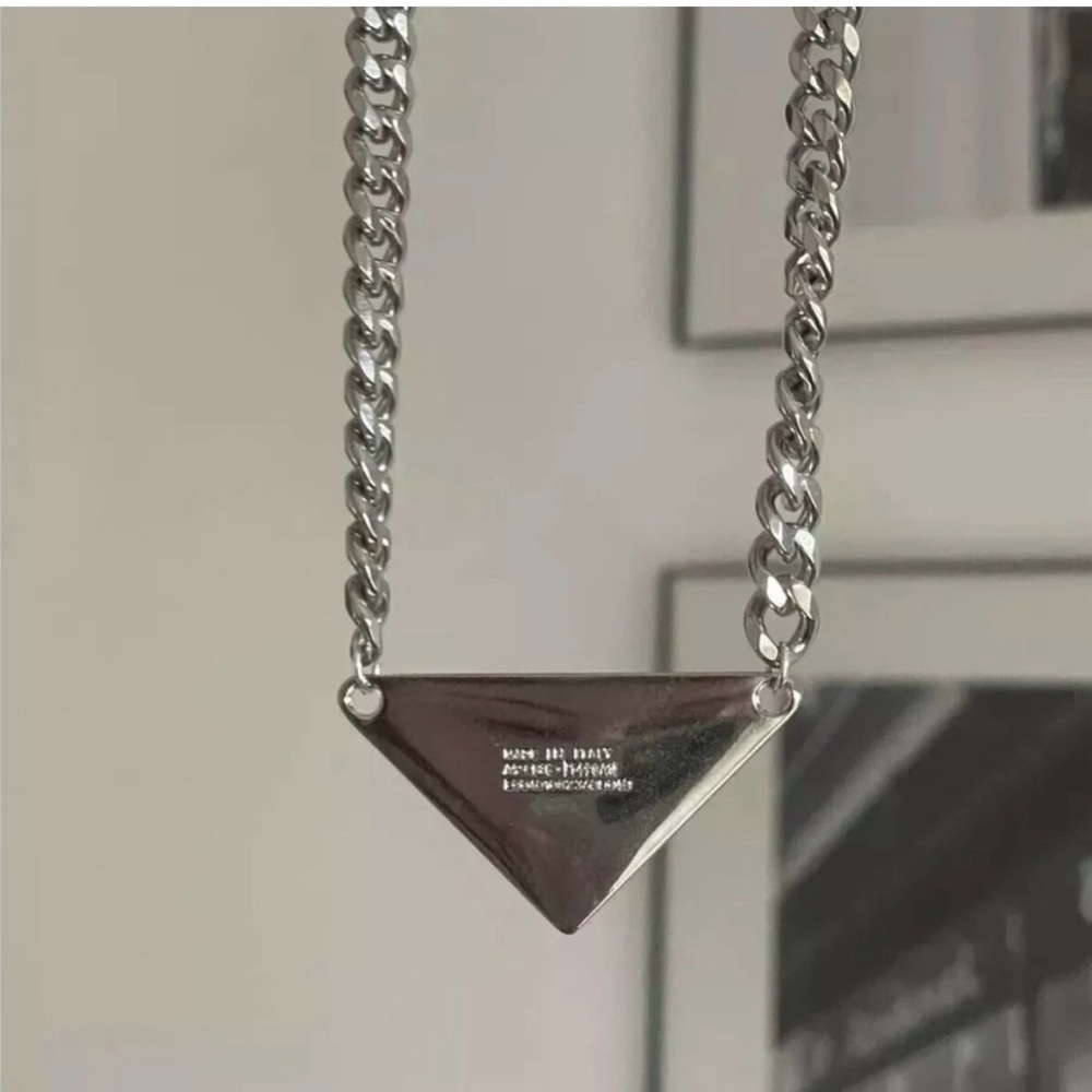 Prada Silver and Black Triangle Pendant Necklace - Picture 2 of 4